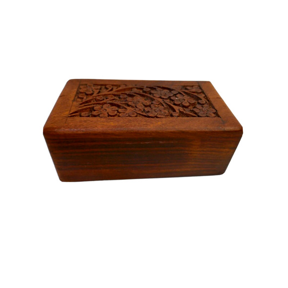 Handcarved Floral Keepsake Wood Jewelry Box With Slide open Bottom - Picture 12 of 16